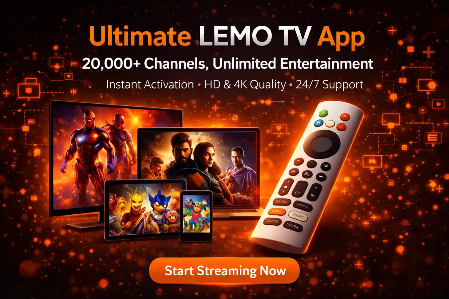 Lemo TV App interface running live 4K channels and VOD on Firestick and Smart TV